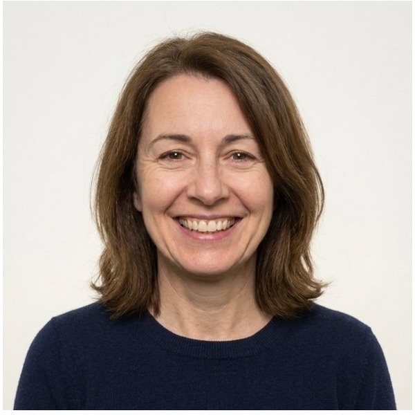Photorealistic smiling portrait corrected to a neutral fixed 2x2 passport photo