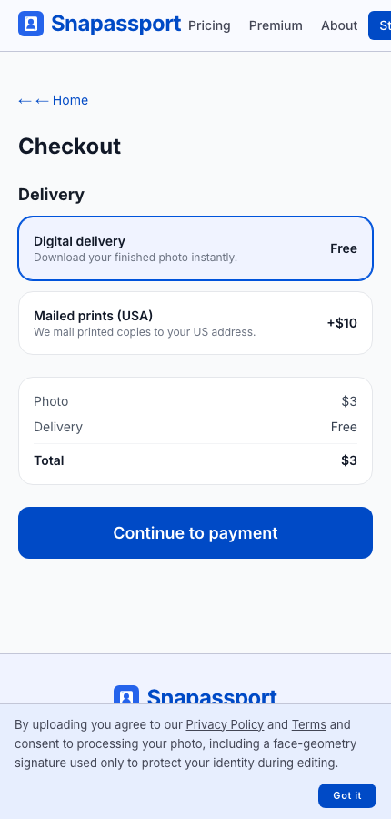 Screenshot of the checkout delivery selector with digital delivery and mailed prints